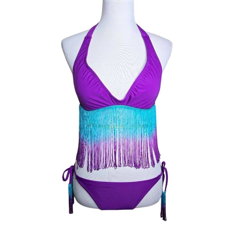 Bikini Lab Purple Ombre Turquoise Fringe 2 Piece Bikini Swimsuit M L